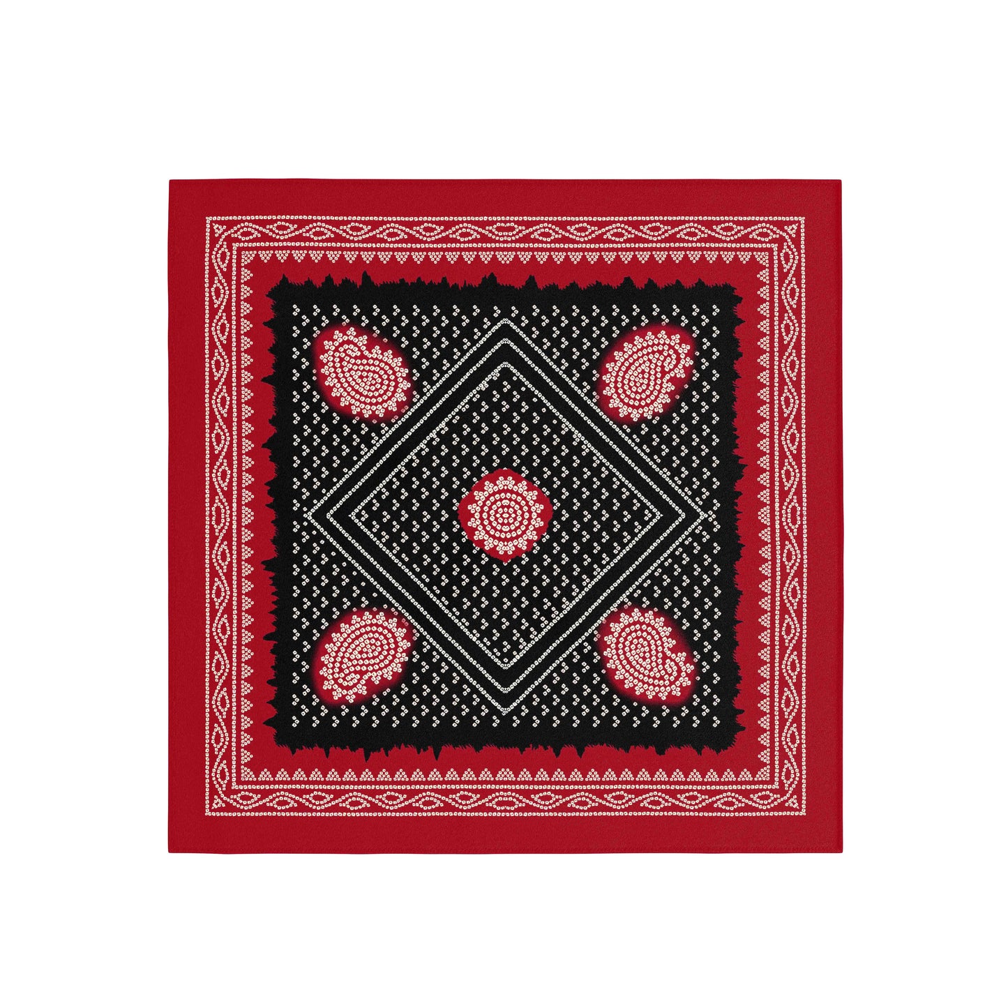 Red bandana with black center and red paisley patterns on a white background