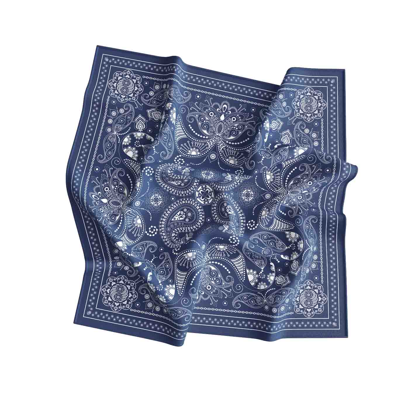 Blue bandana with white paisley pattern on a white background