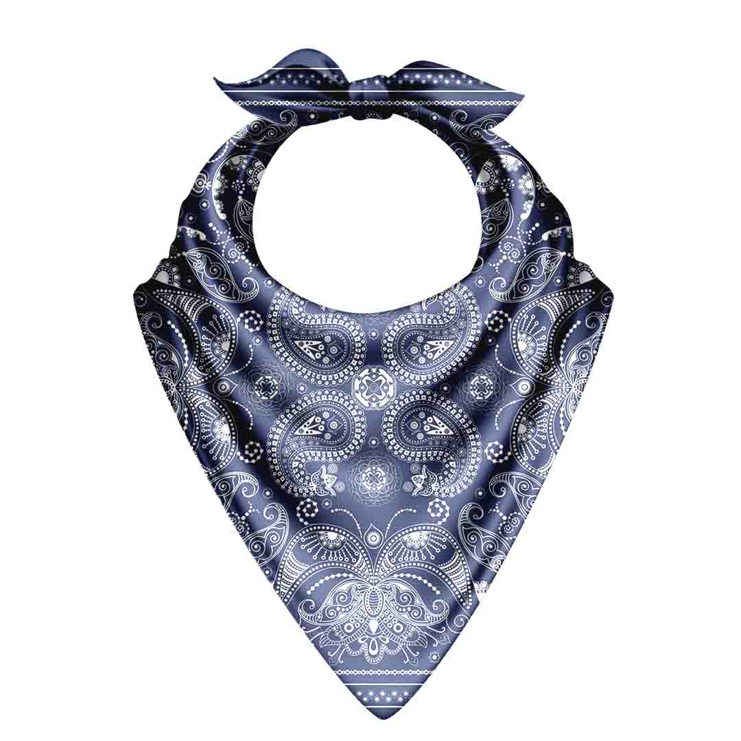 Navy blue bandana with white paisley pattern on a white background