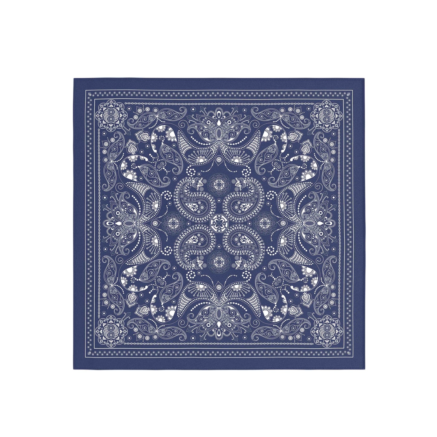 Navy blue bandana with white paisley pattern on a white background