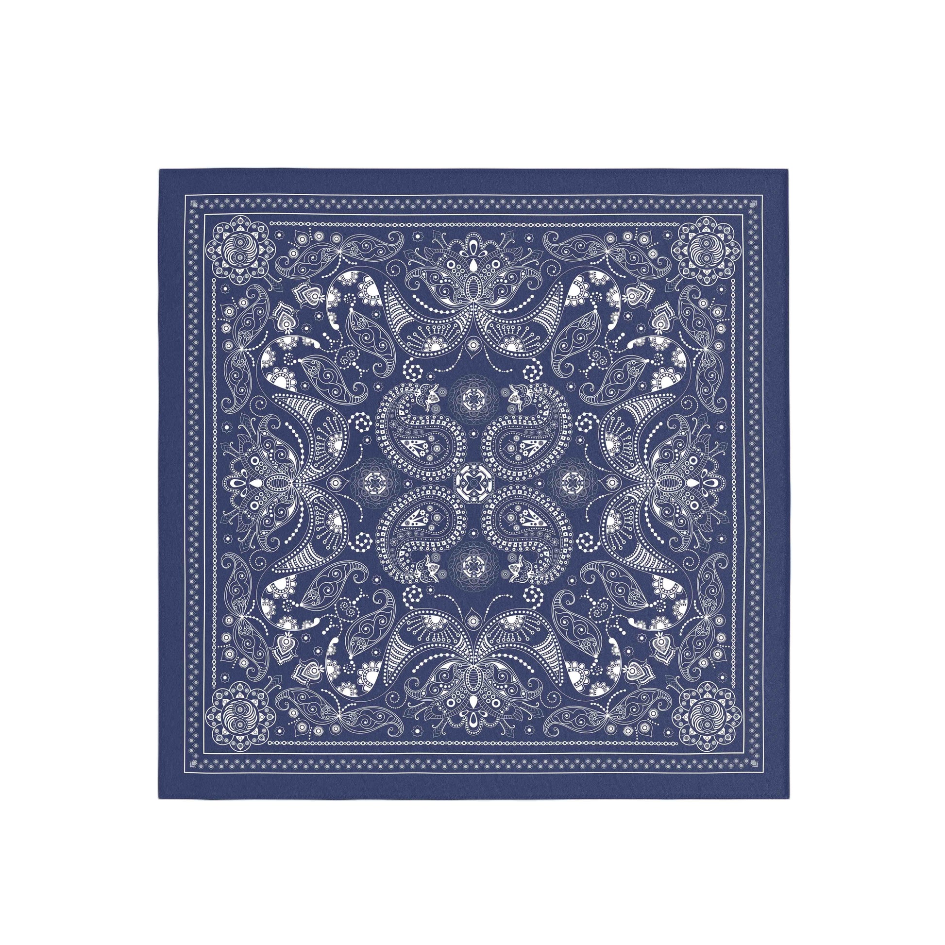Navy blue bandana with white paisley pattern on a white background