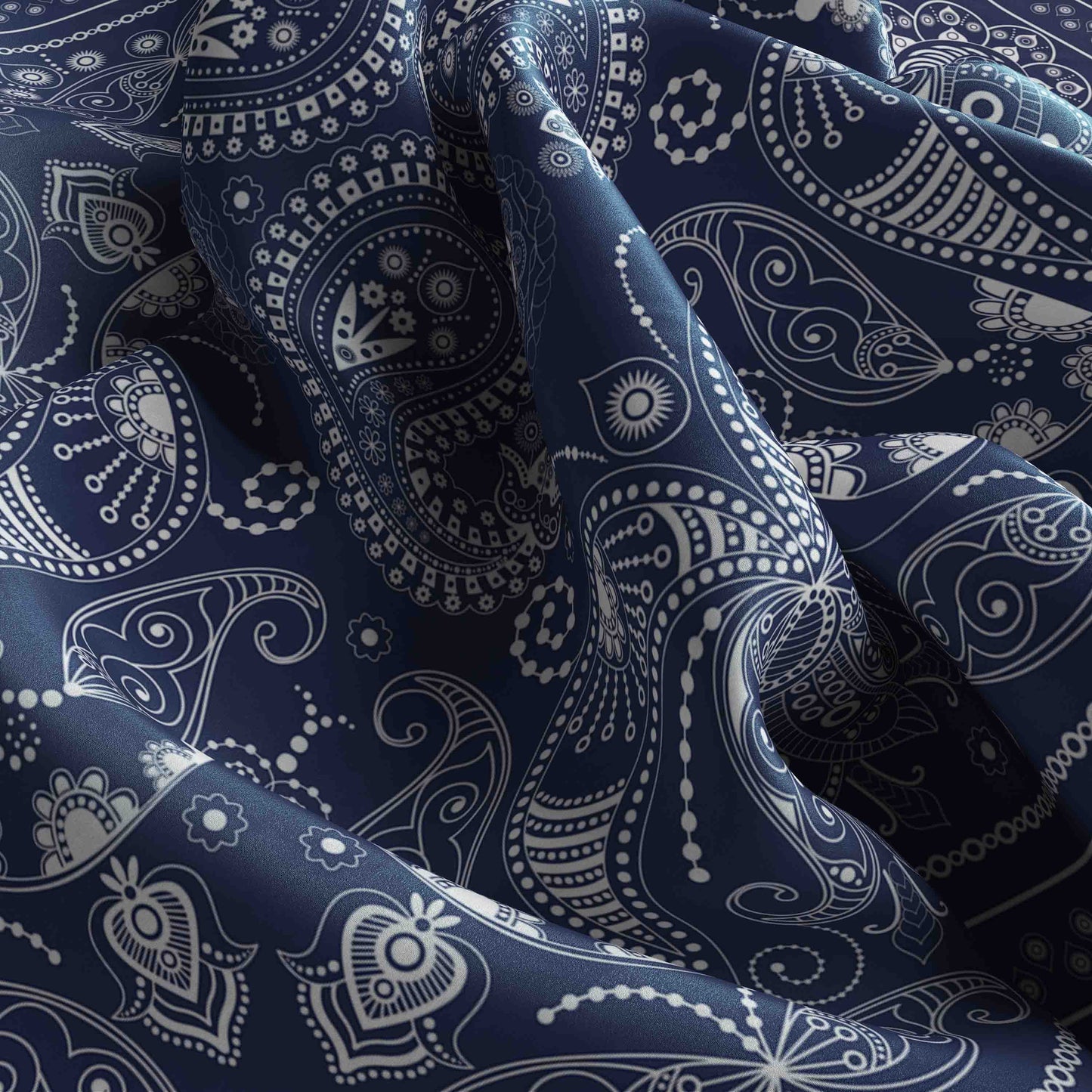 Navy blue fabric with white paisley pattern