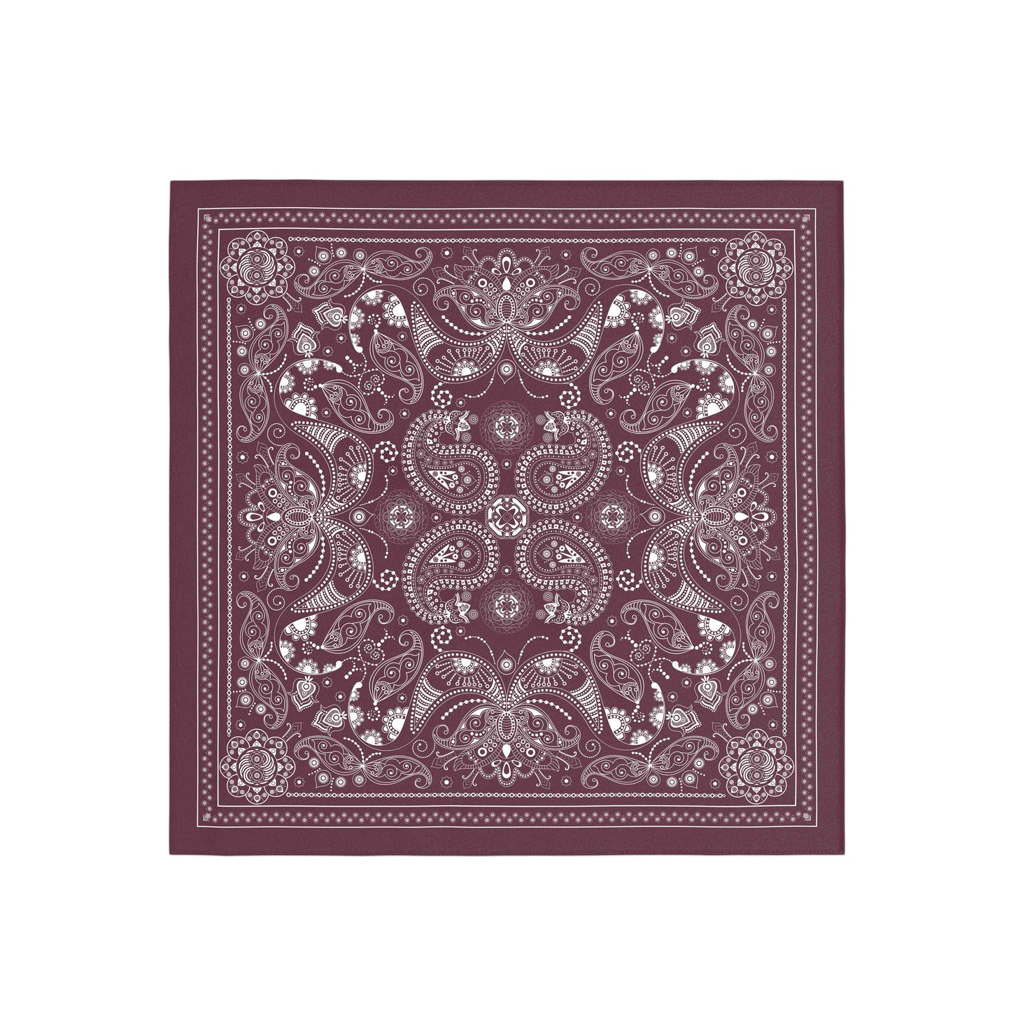 Maroon bandana with white paisley pattern on a white background