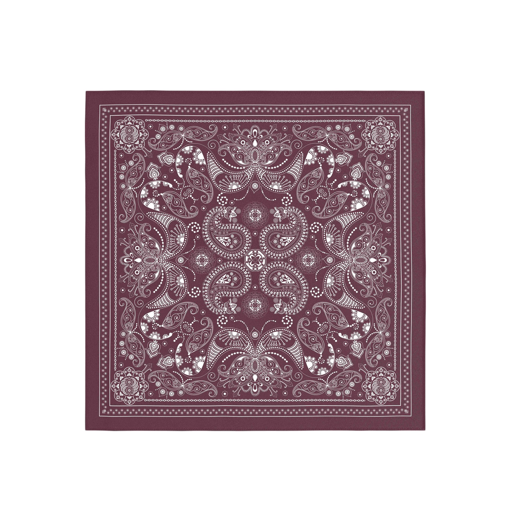 Maroon bandana with white paisley pattern on a white background