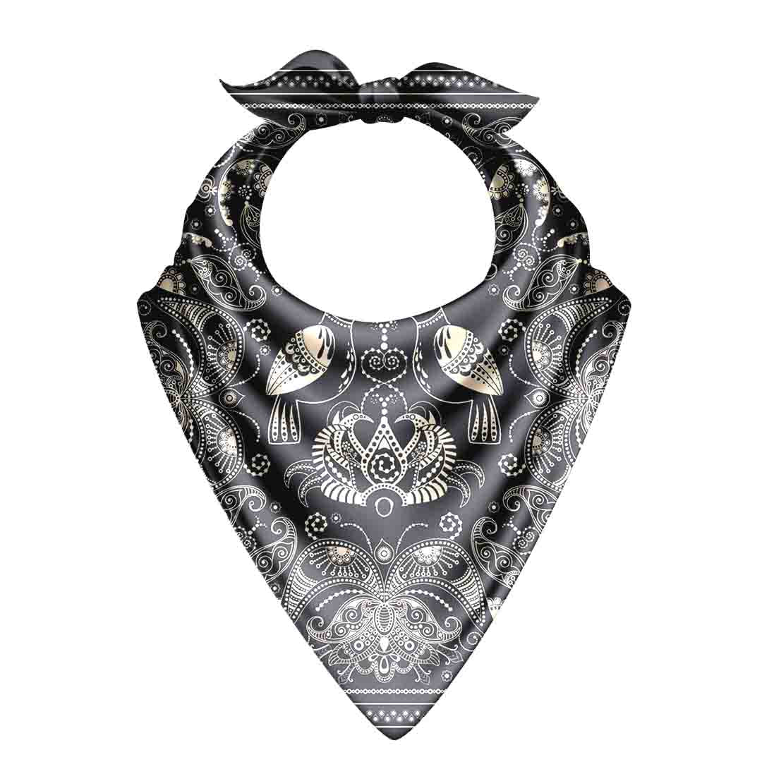 Black bandana with white paisley pattern on a white background