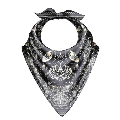 Black bandana with white paisley pattern on a white background