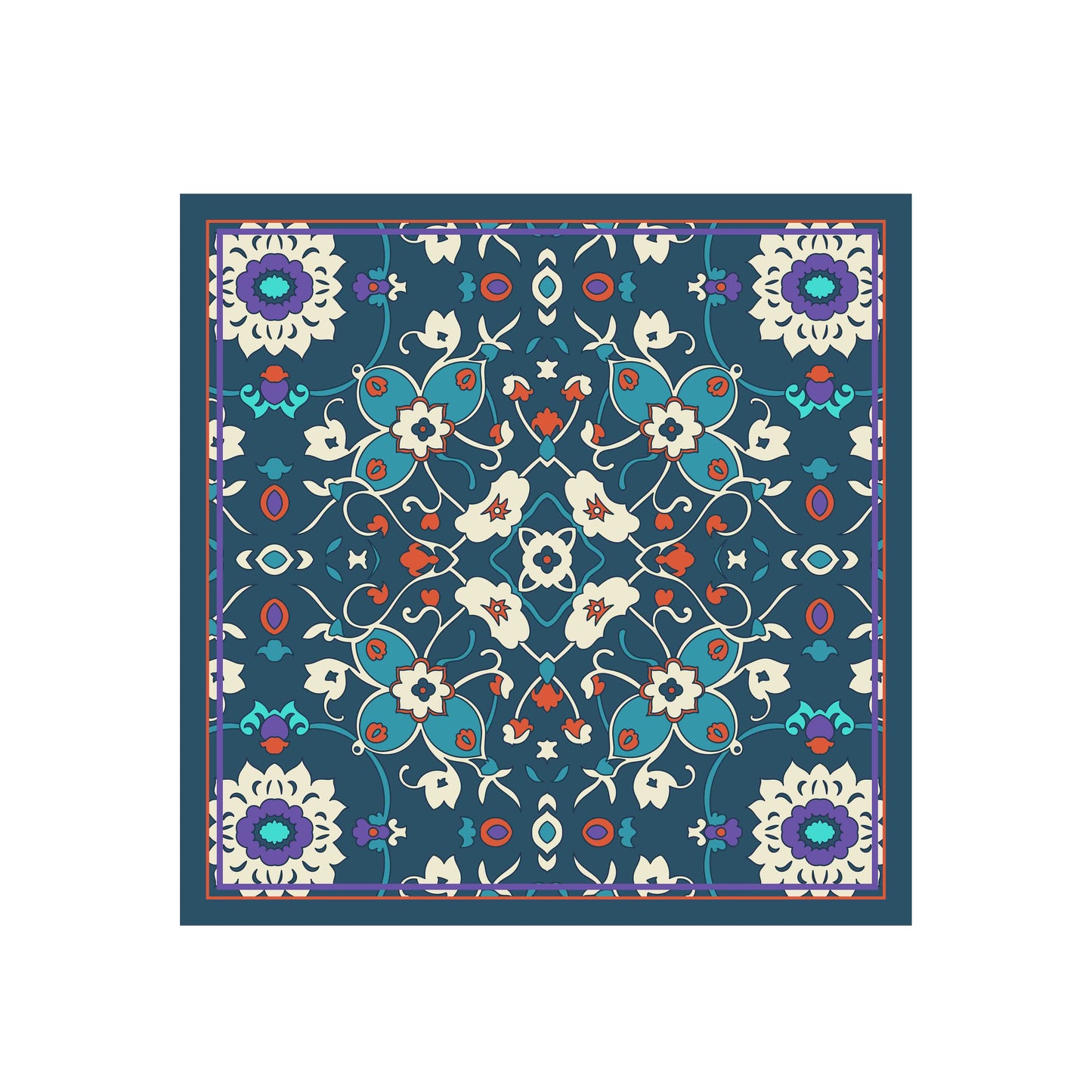 Decorative square mat with a colorful floral pattern on a blue background