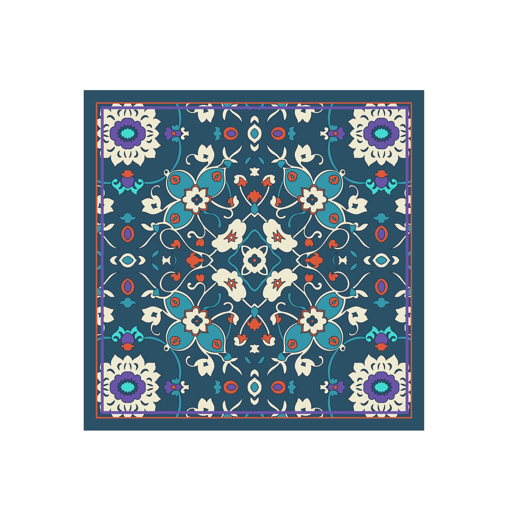 Decorative square mat with a colorful floral pattern on a blue background