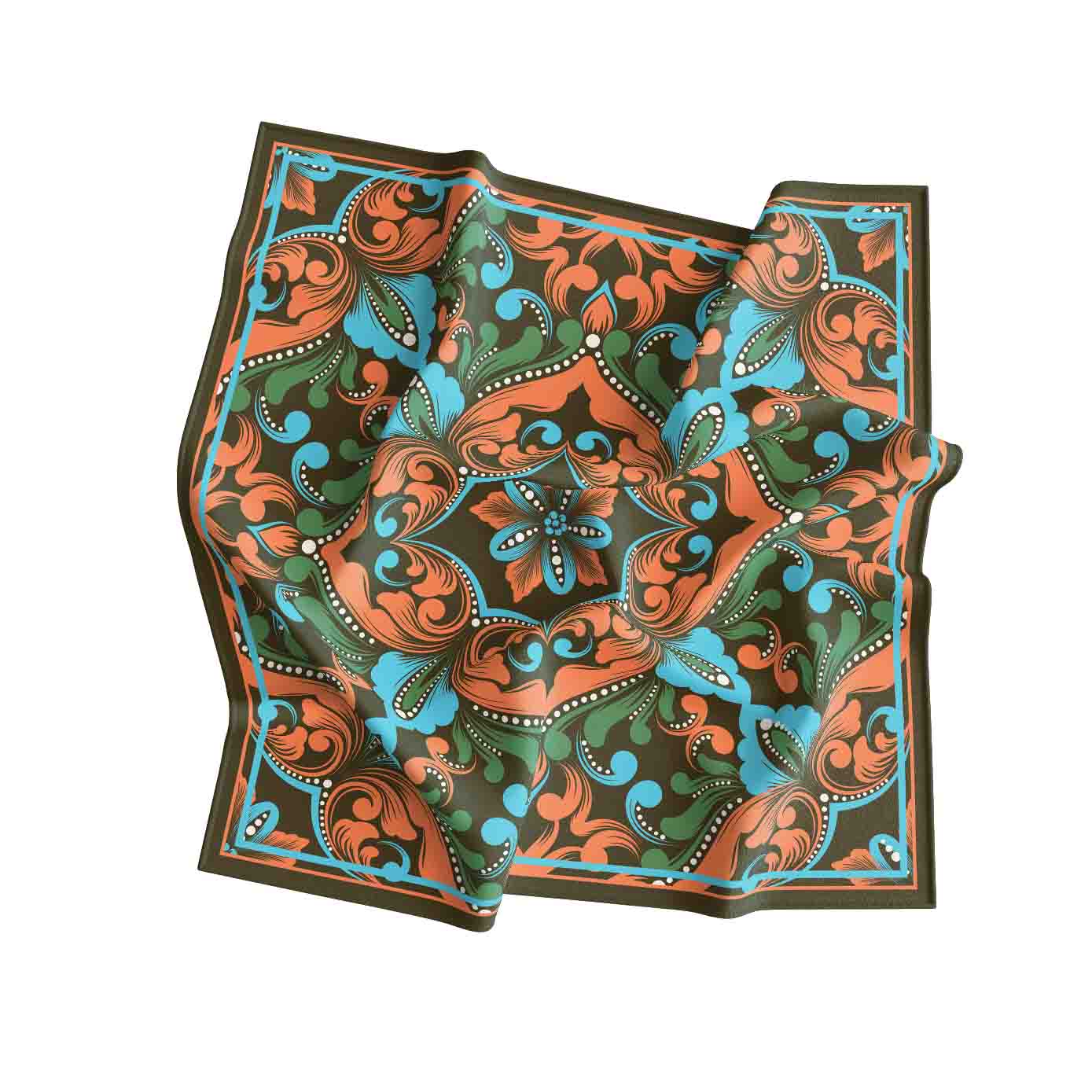 Decorative scarf with intricate paisley pattern on a white background