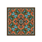 Decorative square mat with intricate paisley pattern in orange, green, and blue on a white background