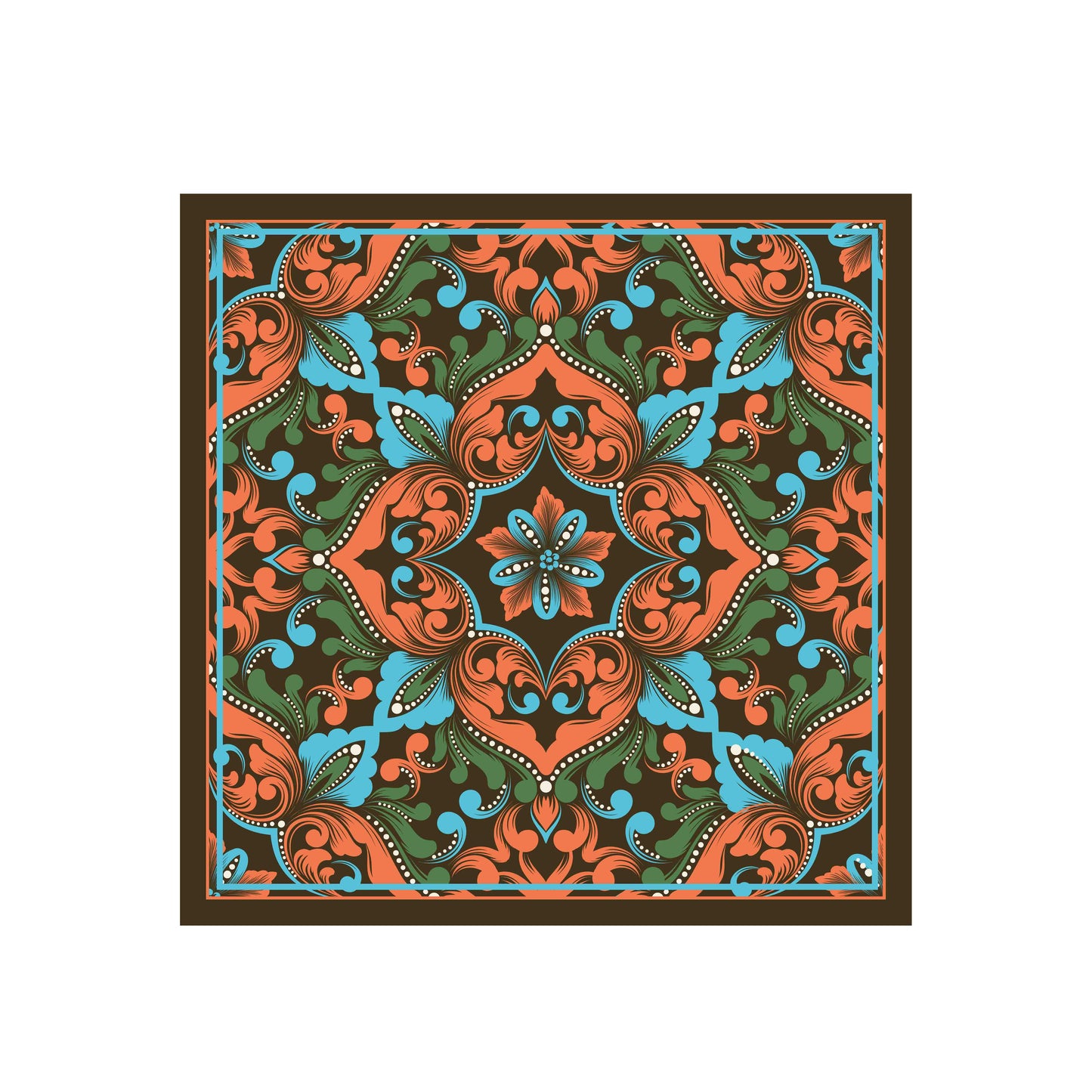 Decorative square mat with intricate paisley pattern in orange, green, and blue on a white background