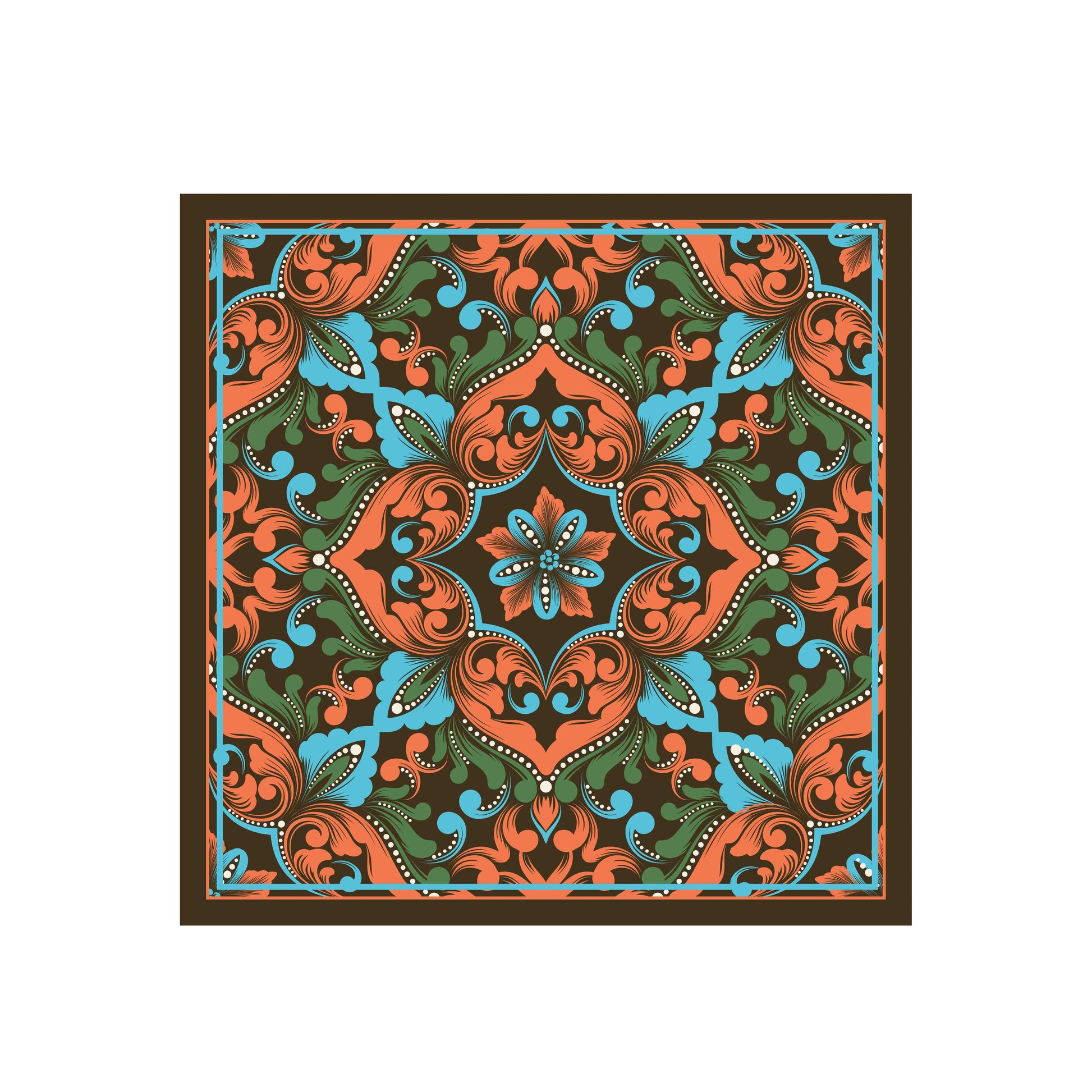 Decorative square mat with intricate paisley pattern in orange, green, and blue on a white background