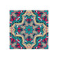 Colorful patterned fabric with a central floral design on a white background