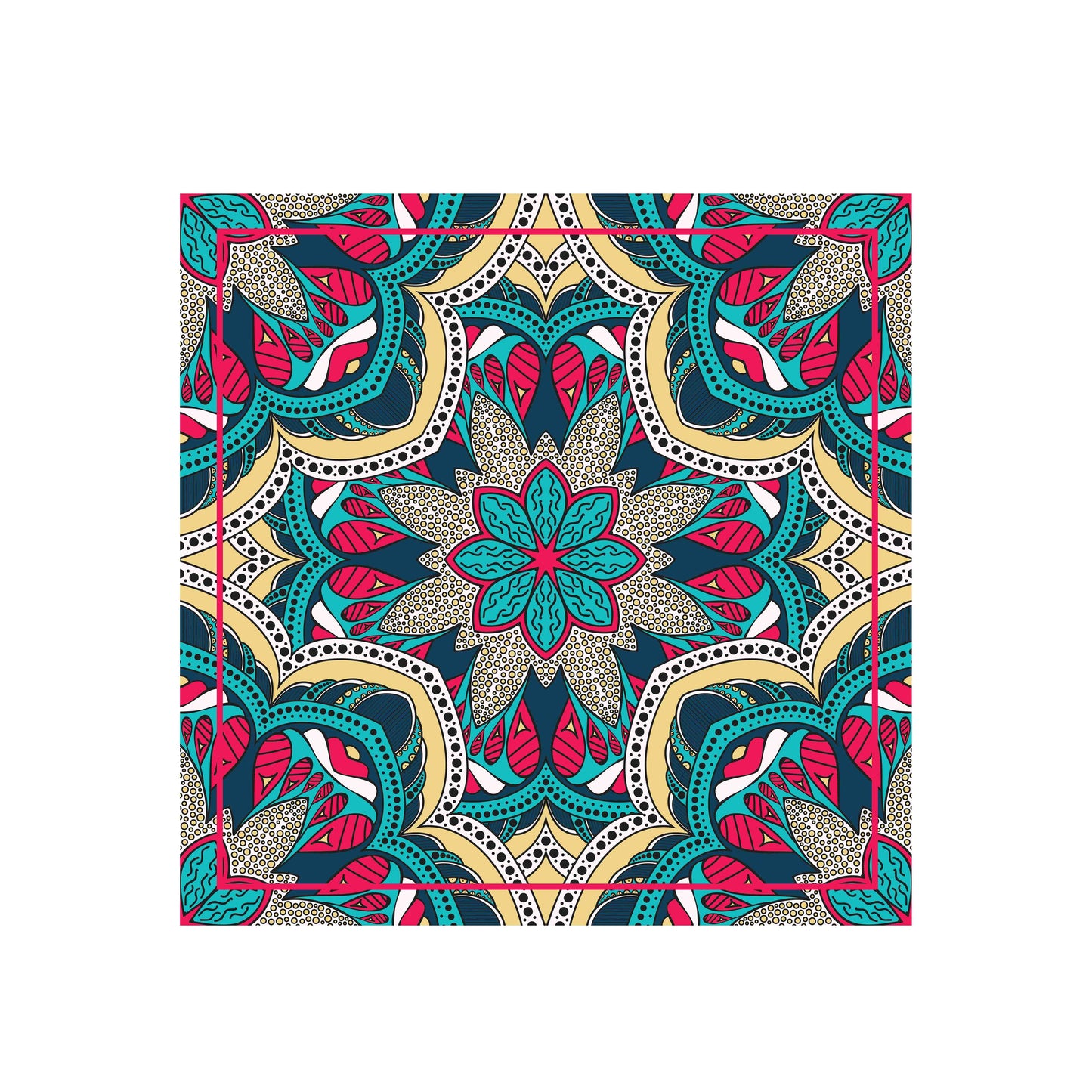 Colorful patterned fabric with a central floral design on a white background