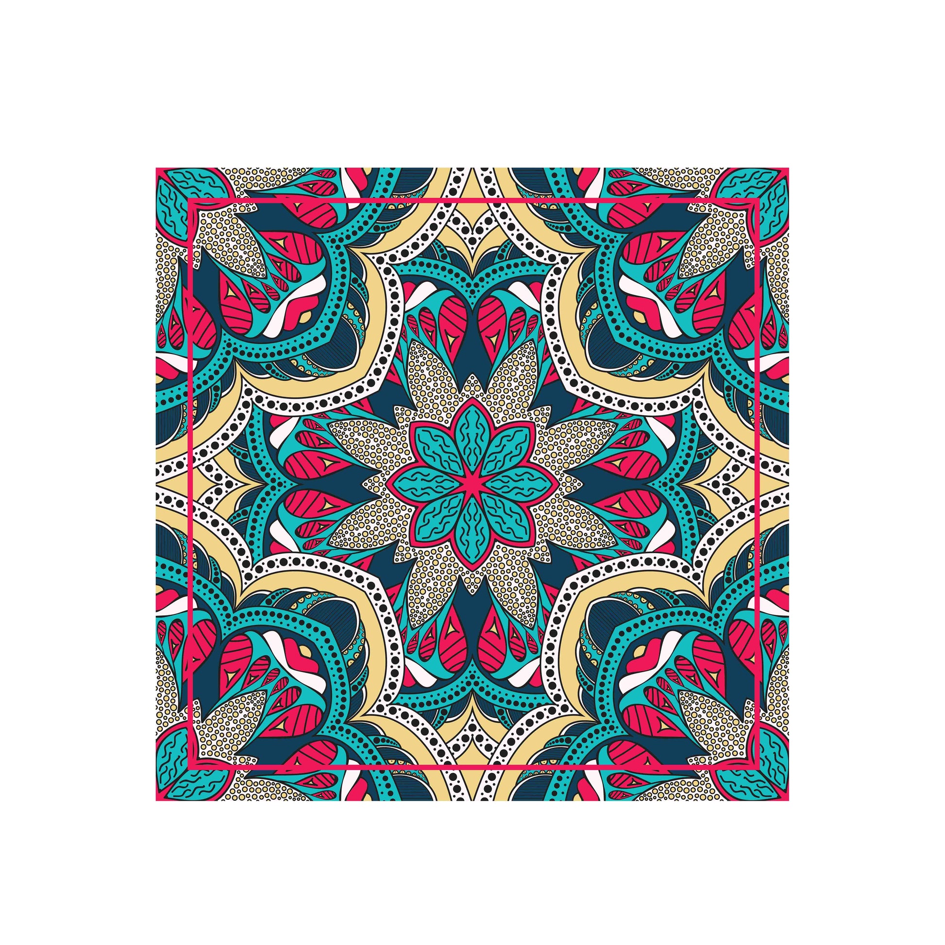 Colorful patterned fabric with a central floral design on a white background