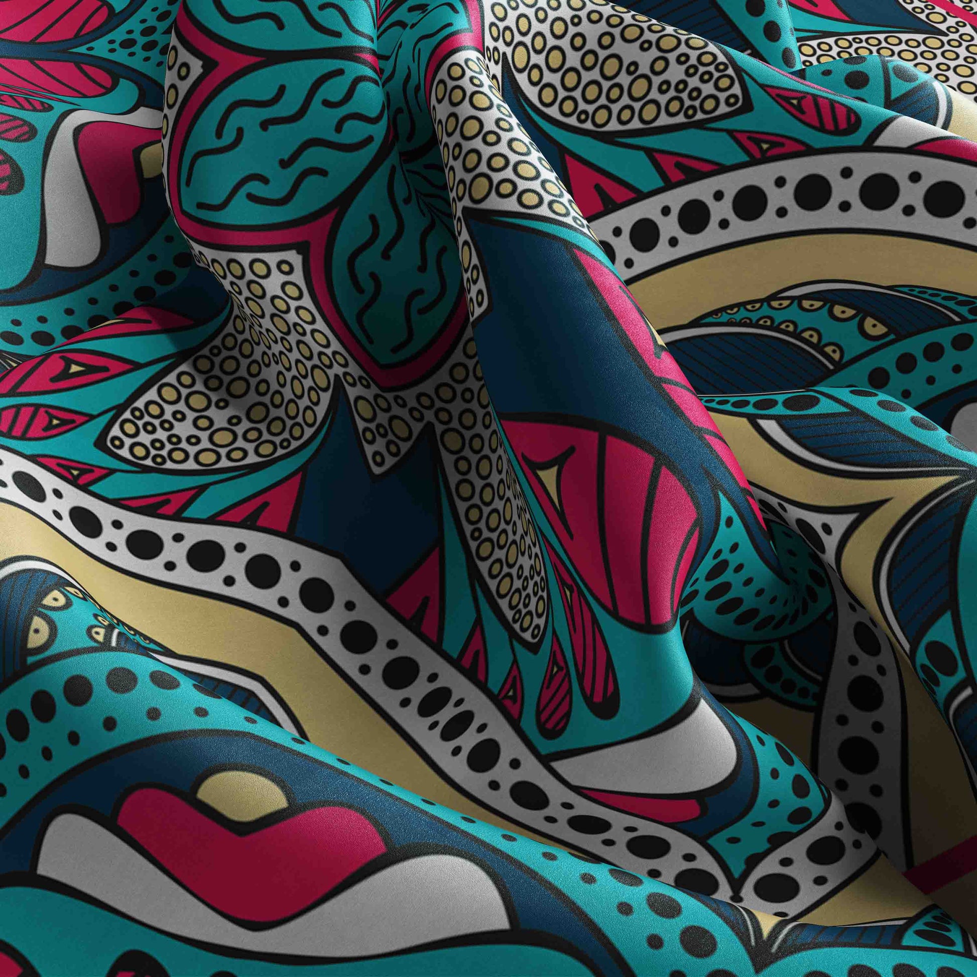 Colorful fabric with abstract pattern in teal, pink, and yellow