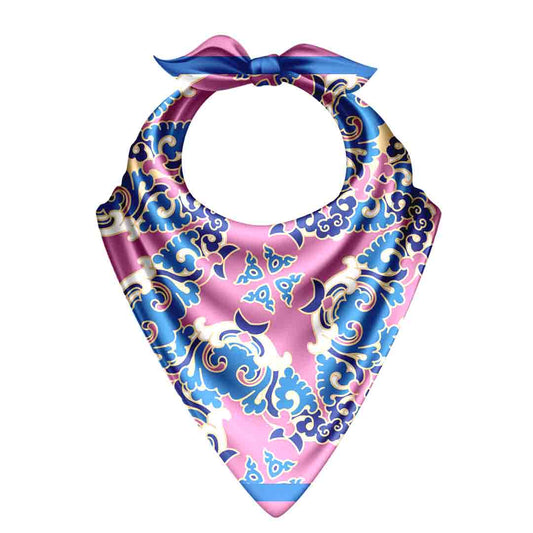 Decorative bandana with pink and blue pattern on a white background