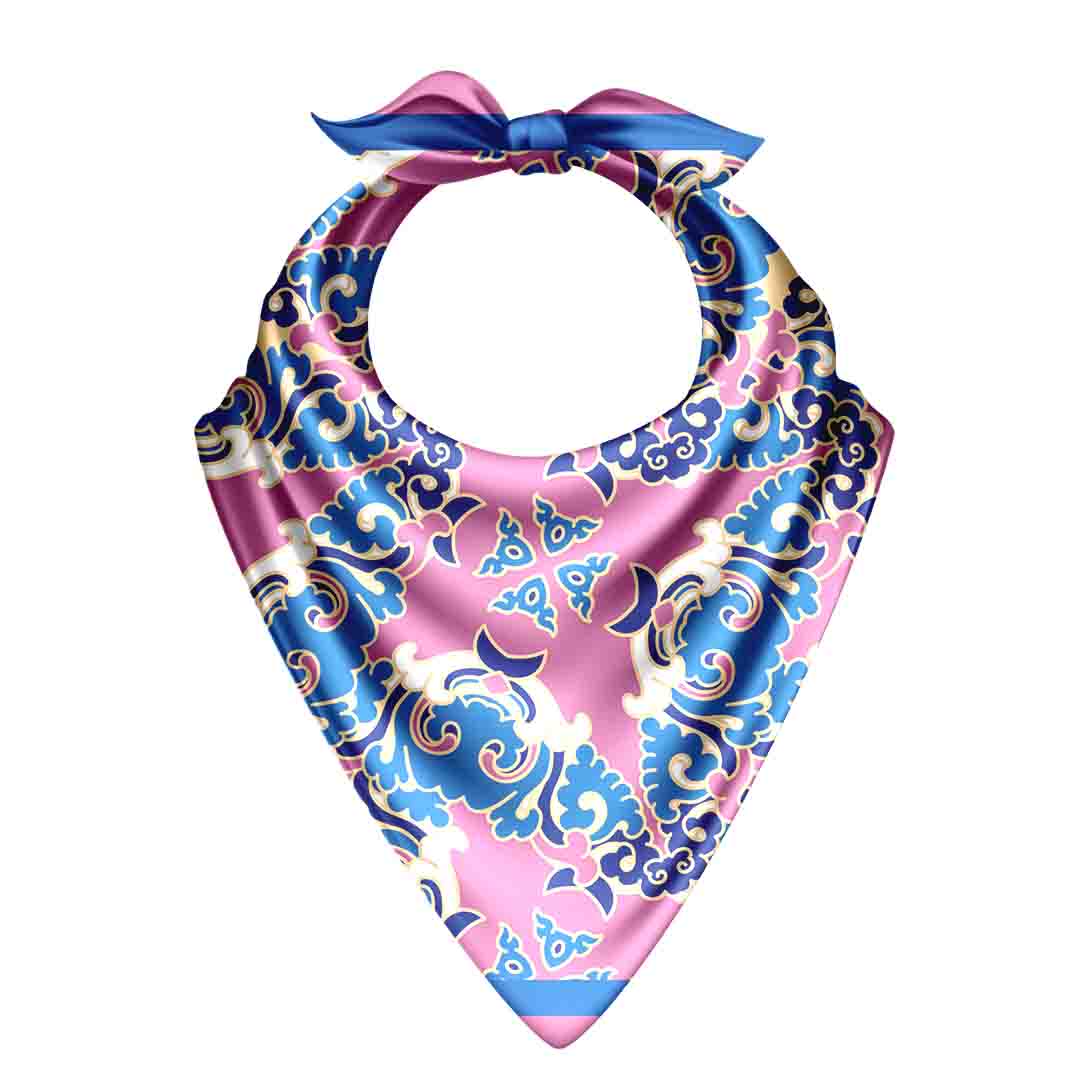 Decorative bandana with pink and blue pattern on a white background