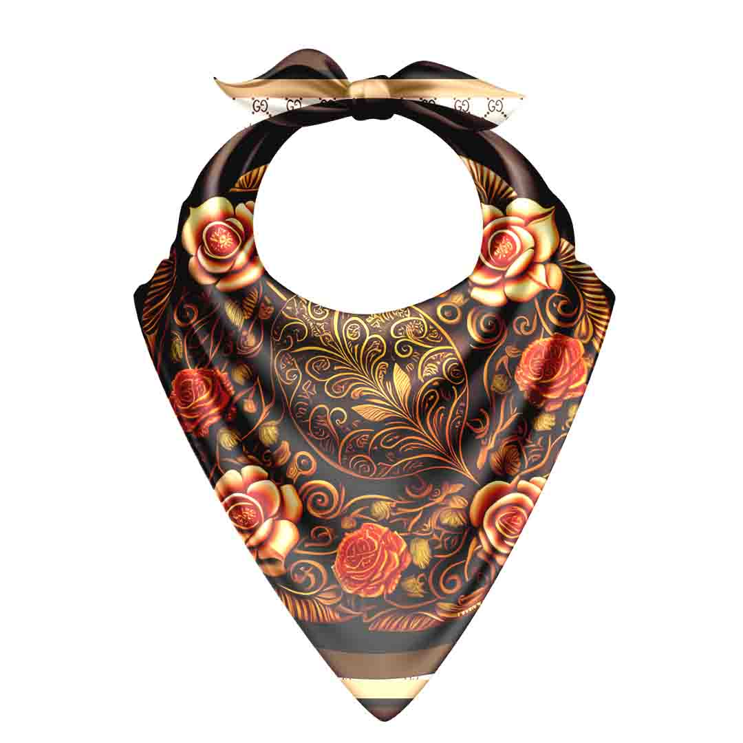 Decorative bandana with floral and paisley patterns on a white background