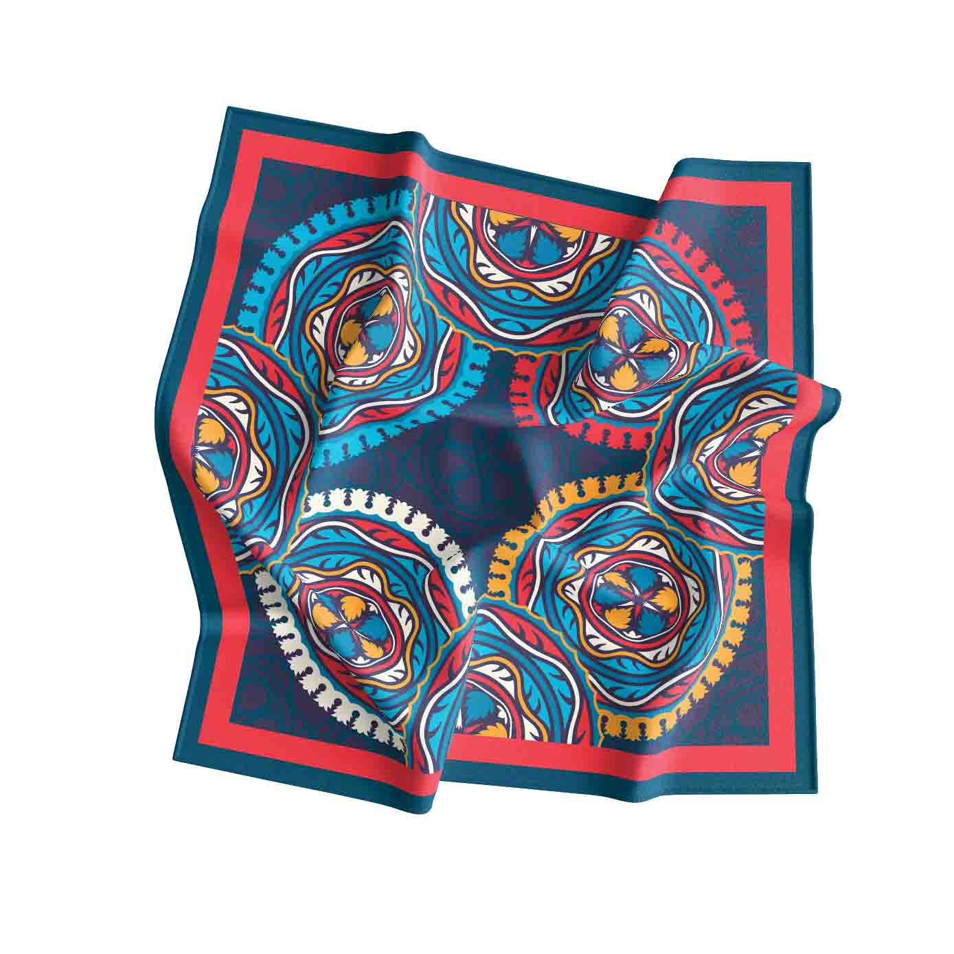 Colorful patterned scarf with blue, red, and yellow design on a white background