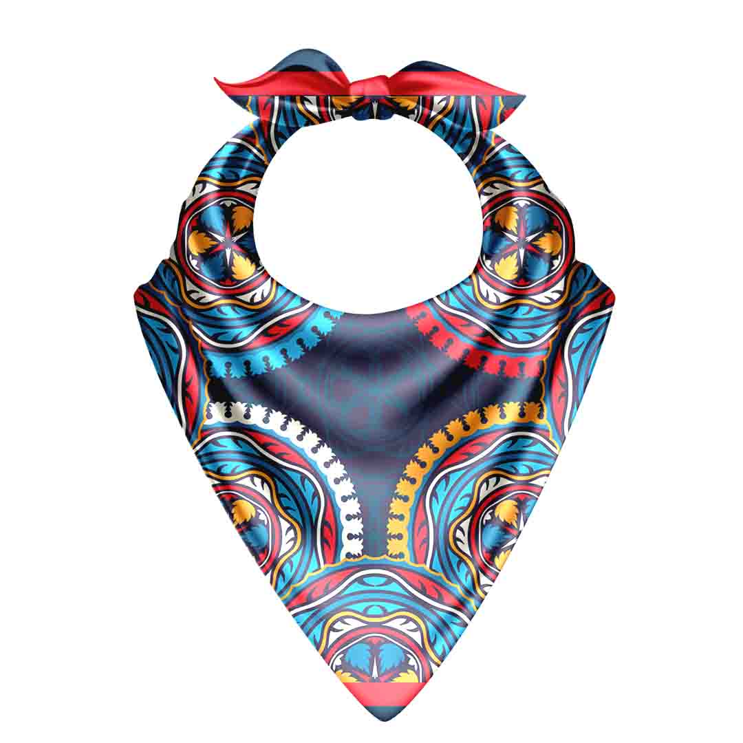 Colorful patterned bandana with a bow on a white background