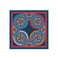 Colorful patterned fabric square with blue, red, and yellow design on a white background