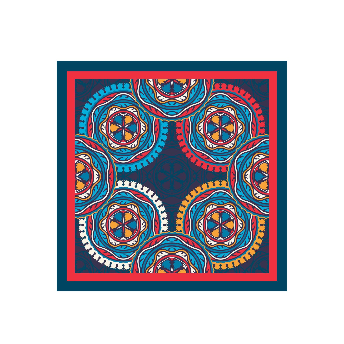 Colorful patterned fabric square with blue, red, and yellow design on a white background