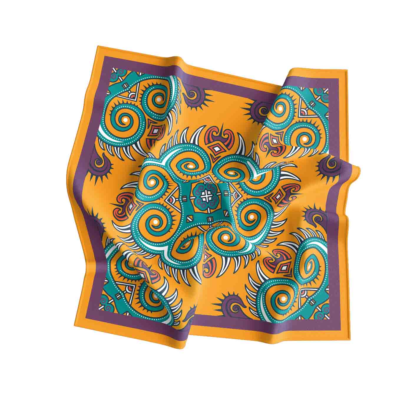 Colorful patterned fabric with intricate designs on a white background