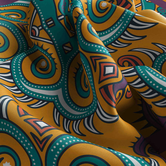 Close-up of a colorful patterned fabric with intricate designs.