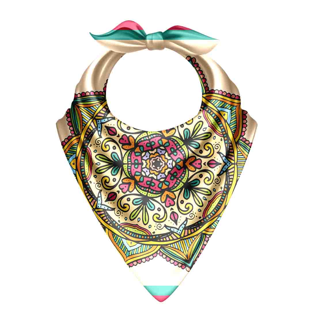 Colorful bandana with intricate patterns on a white background
