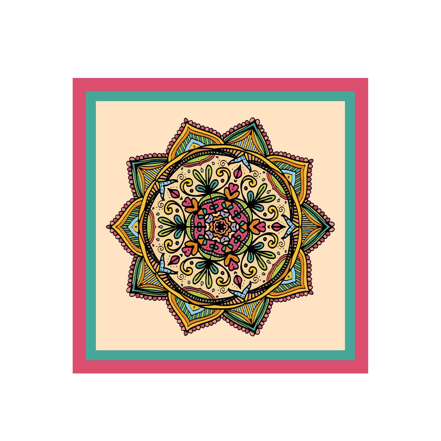 Colorful mandala design on a beige background with a pink border