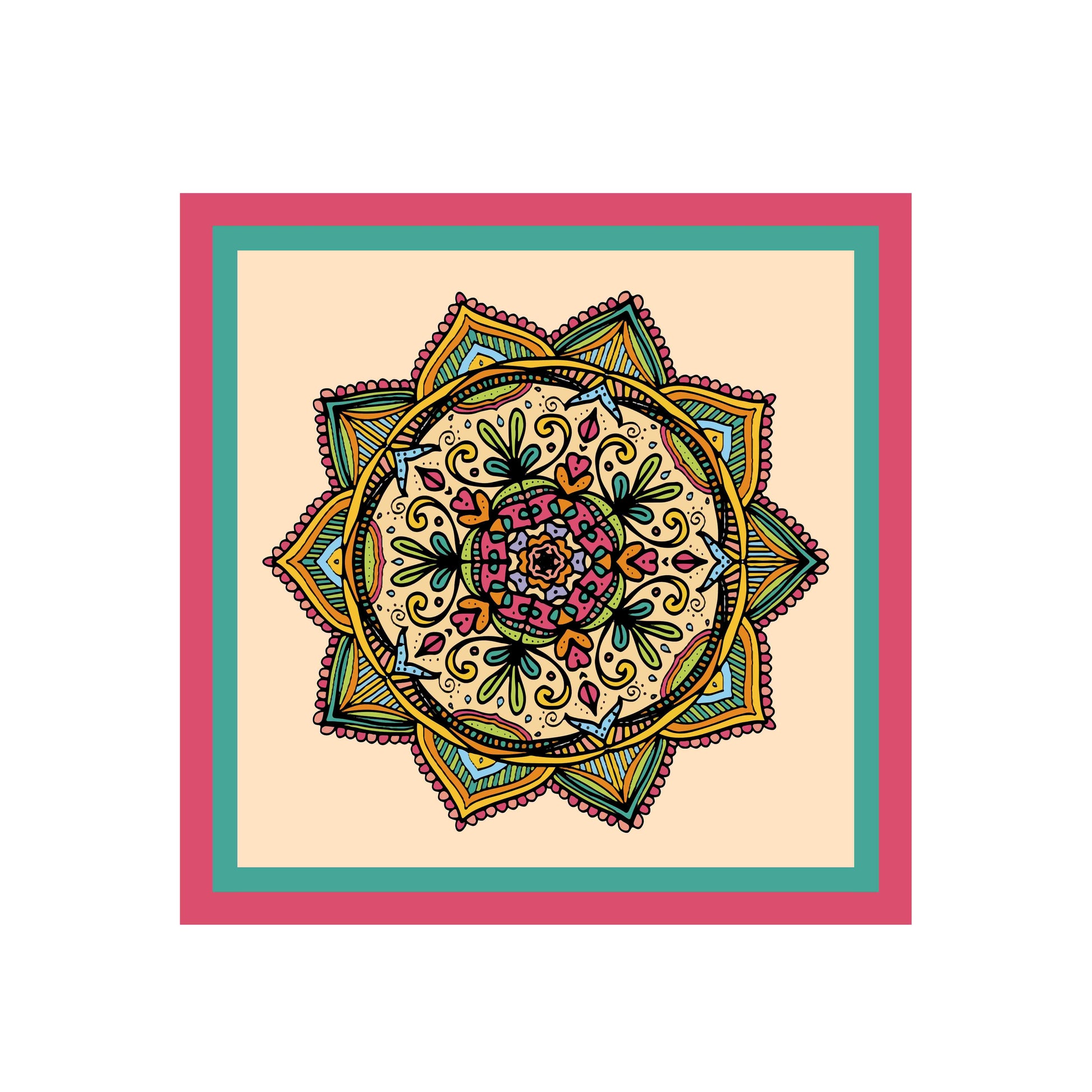 Colorful mandala design on a beige background with a pink border