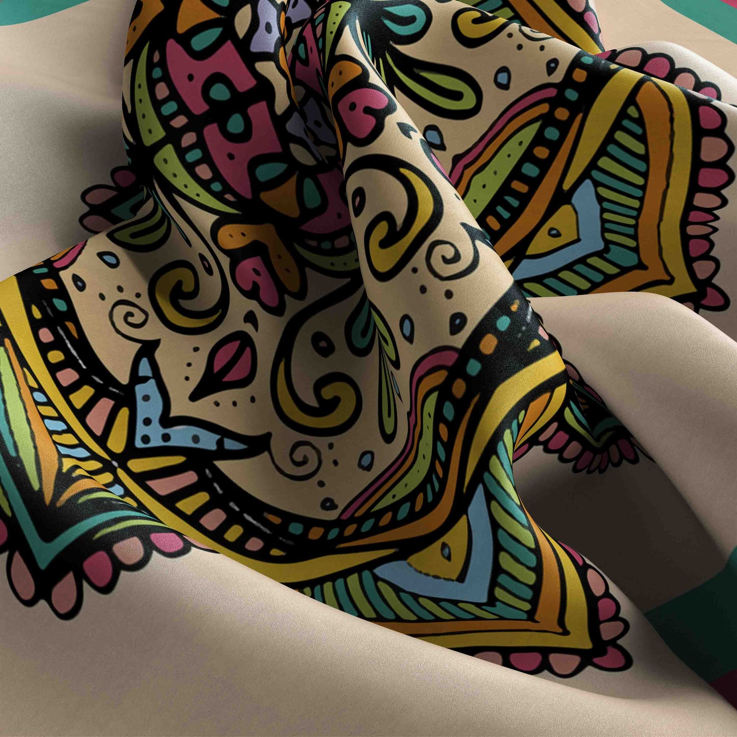 Colorful patterned fabric with intricate designs on a neutral background