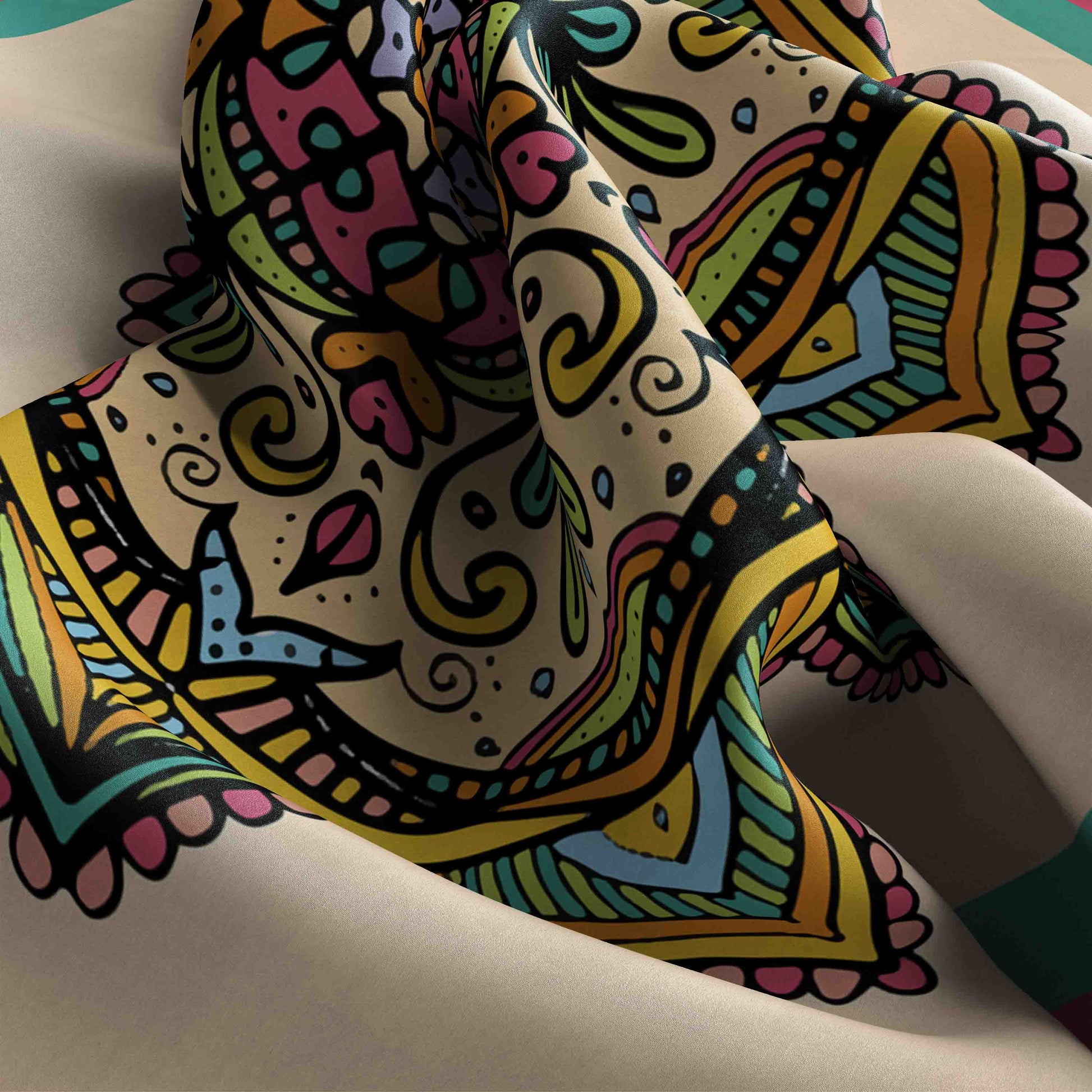 Colorful patterned fabric with intricate designs on a neutral background
