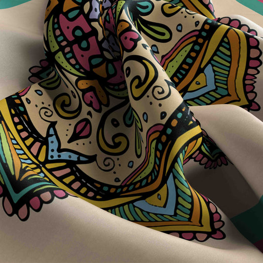 Colorful patterned fabric with intricate designs on a neutral background