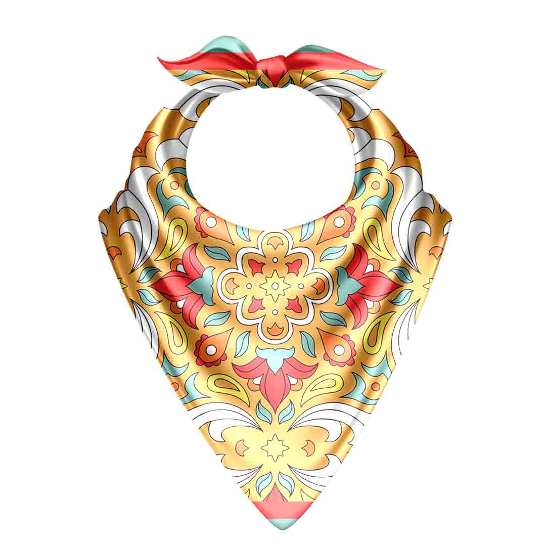 Colorful bandana with intricate patterns on a white background