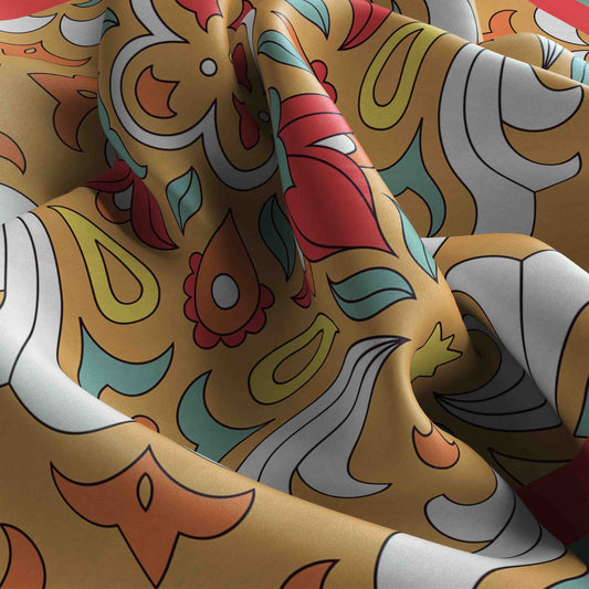 Close-up of colorful fabric with abstract pattern on a beige background