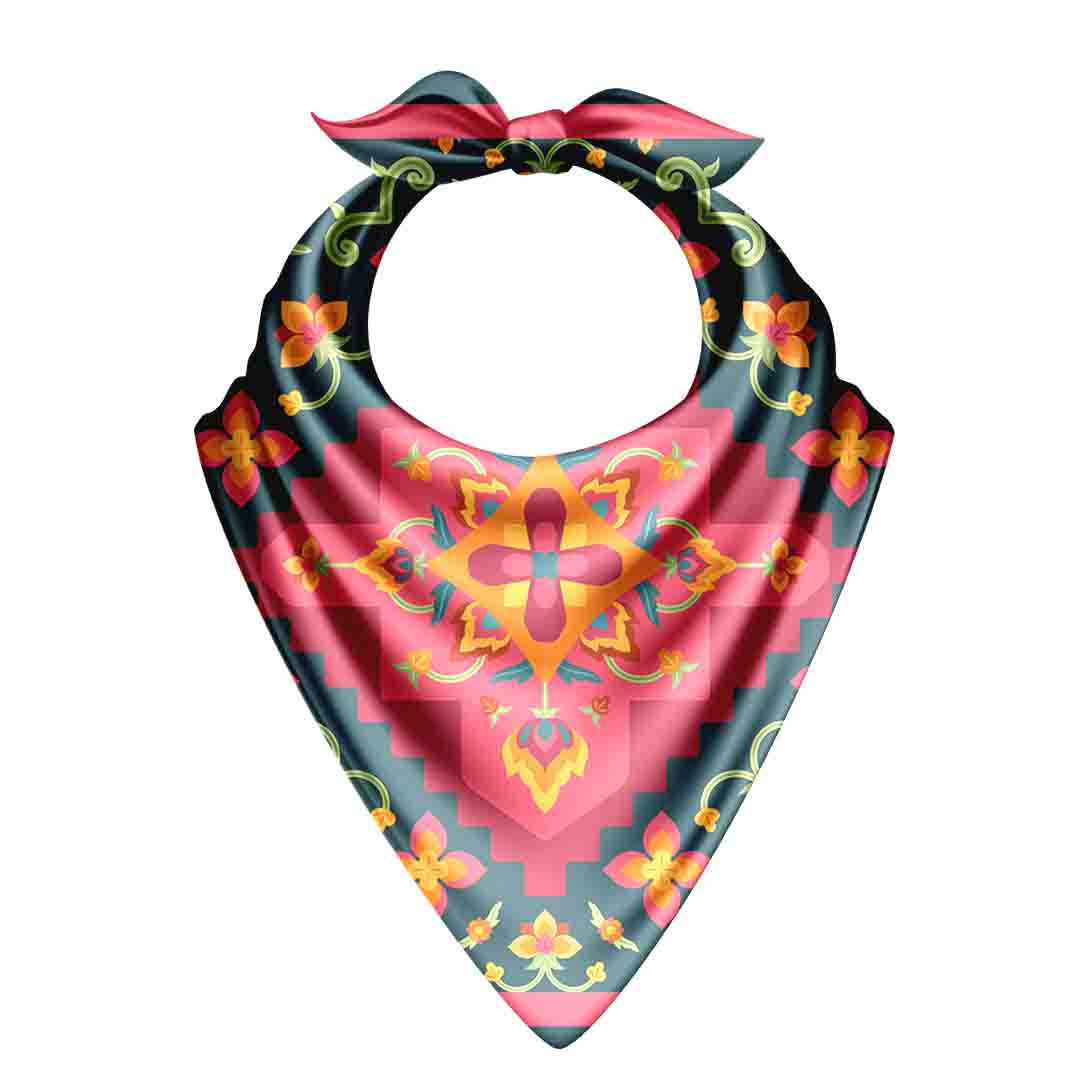 Colorful bandana with floral patterns on a white background