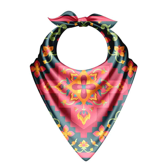 Colorful bandana with floral patterns on a white background