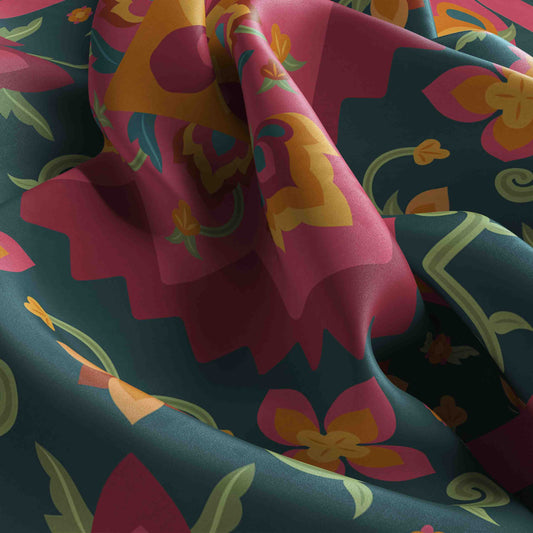 Colorful fabric with floral pattern on a dark background