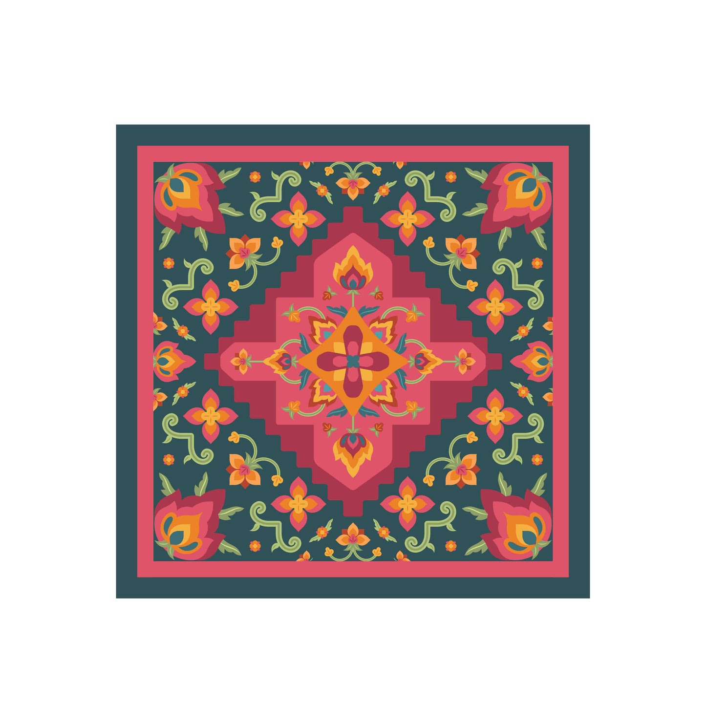 Colorful patterned fabric square with geometric design on a white background