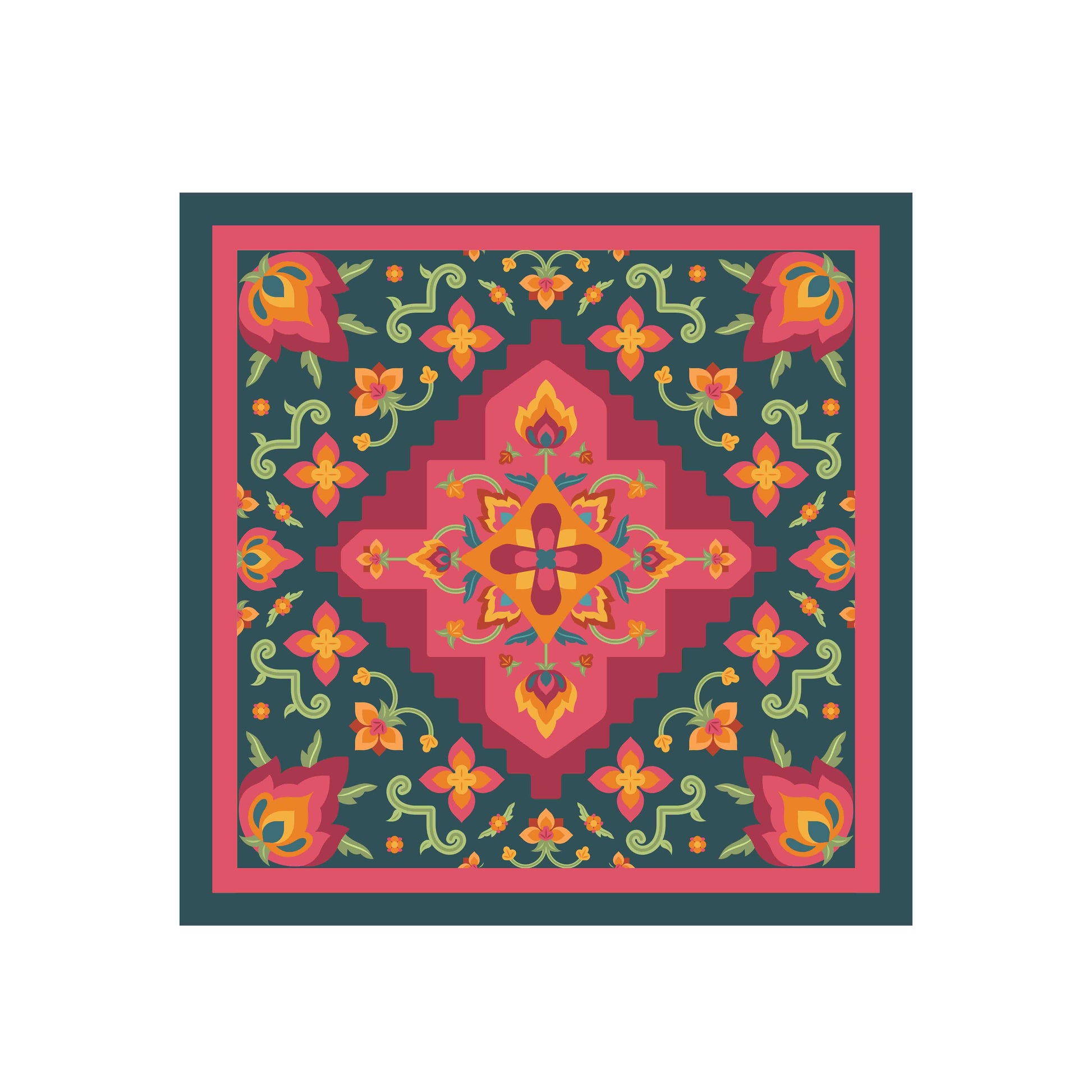 Colorful patterned fabric square with geometric design on a white background