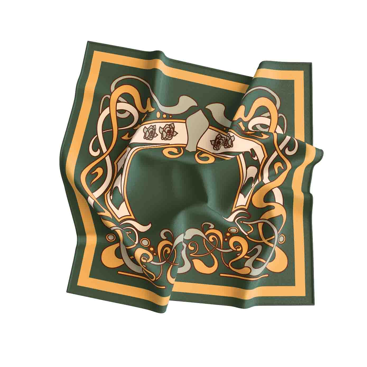 Decorative green scarf with gold and white patterns on a white background