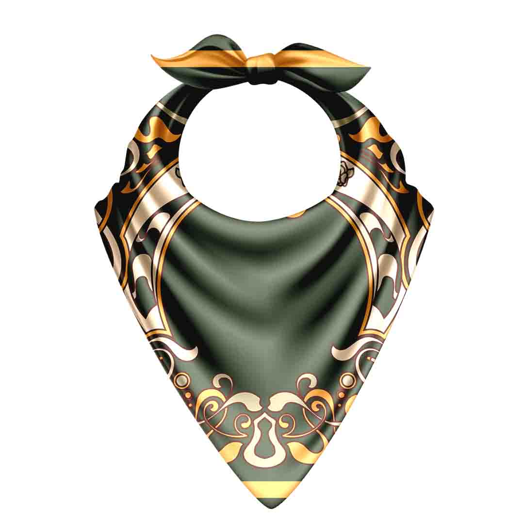 Green bandana with gold and black patterns on a white background