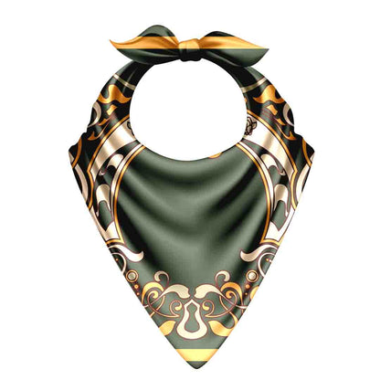 Green bandana with gold and black patterns on a white background
