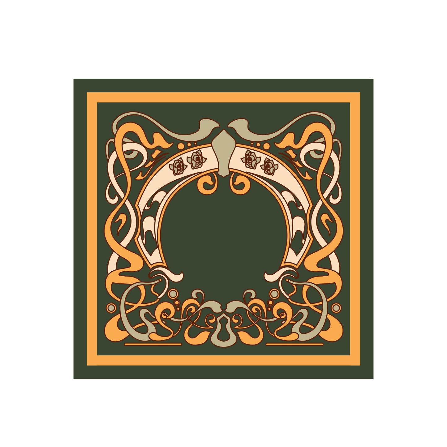 Decorative square design with intricate patterns on a green background
