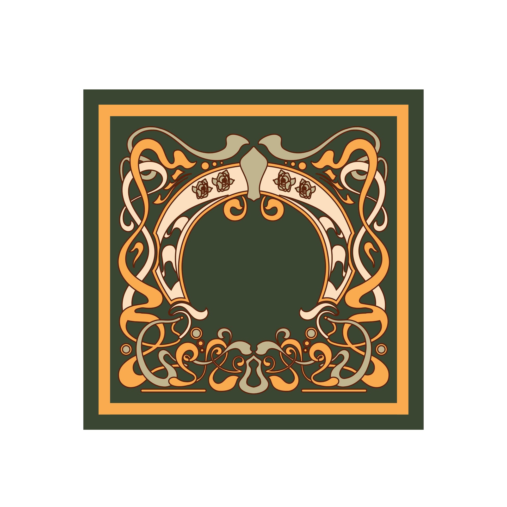 Decorative square design with intricate patterns on a green background