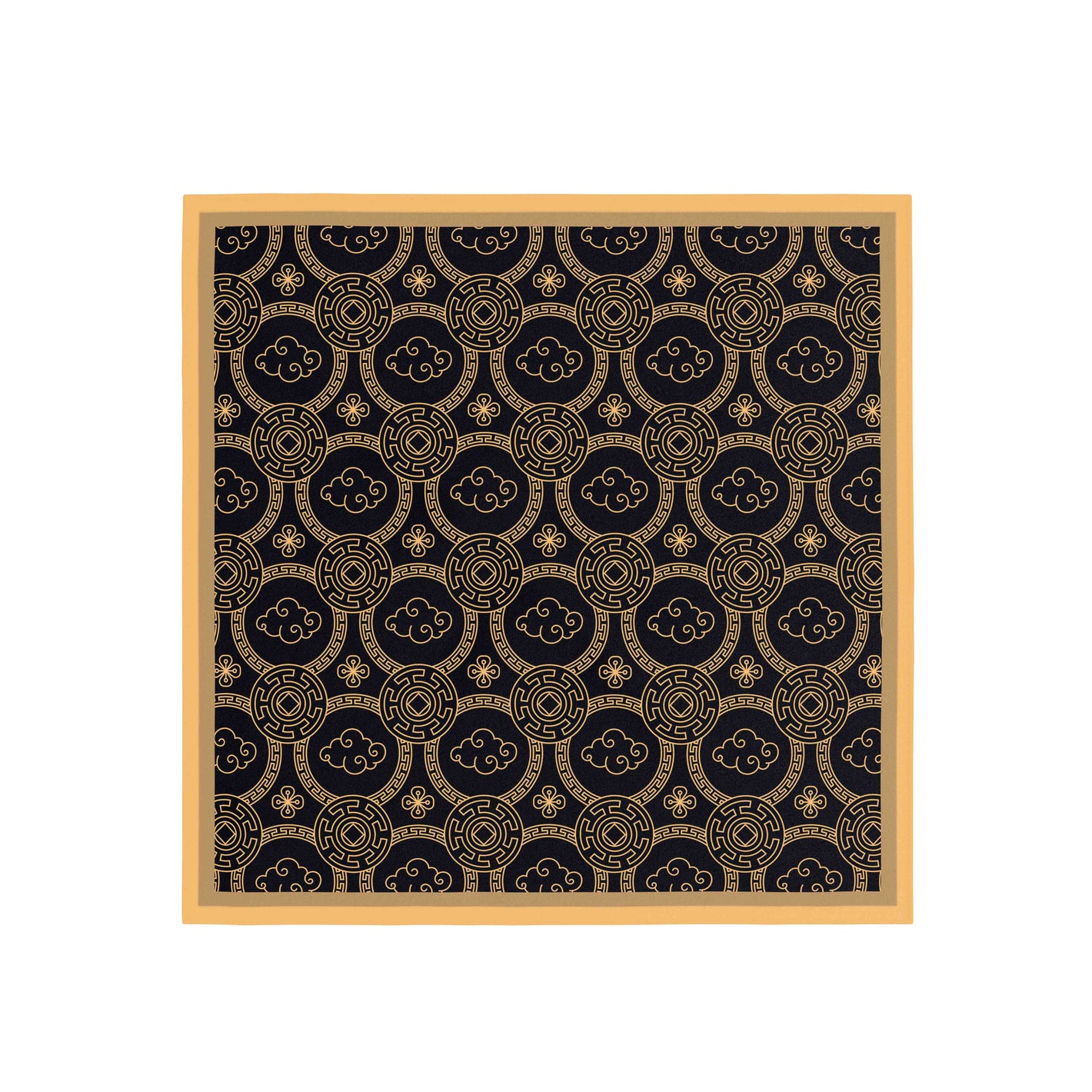 Decorative mat with gold pattern on a black background, framed in wood.