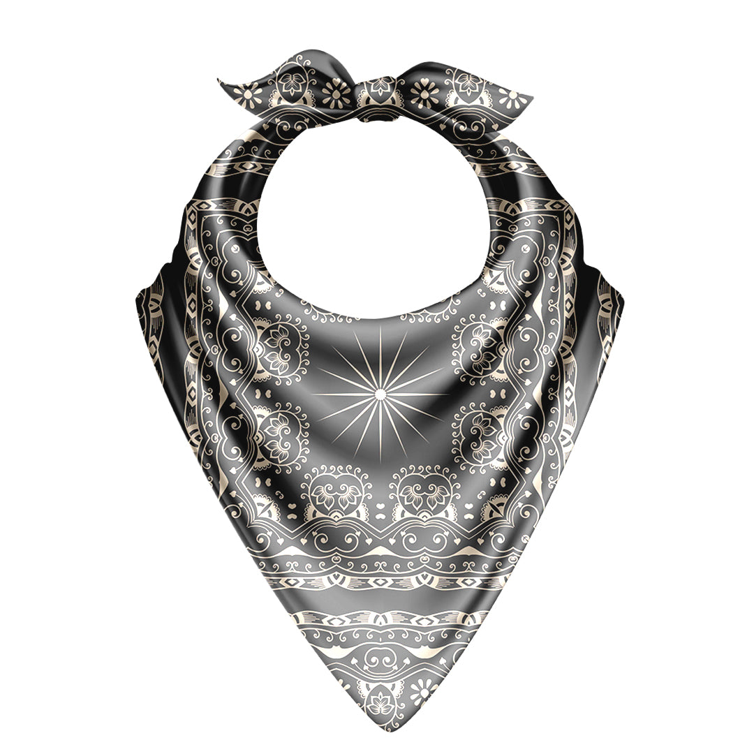 Black and white patterned bandana with decorative elements on a white background