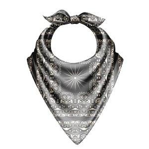 Black and white patterned bandana with decorative elements on a white background